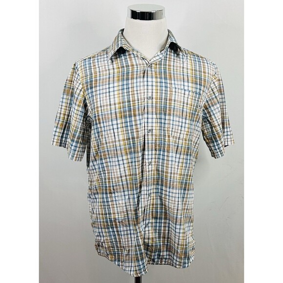 Marmot Medium Short Sleeve Outdoor Shirt Yellow Blue Plaid Nylon Poly Blend - Picture 2 of 4